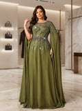 SDE3287 Plus Size Olive Green Beaded Embroidery Chiffon Dinner Gown