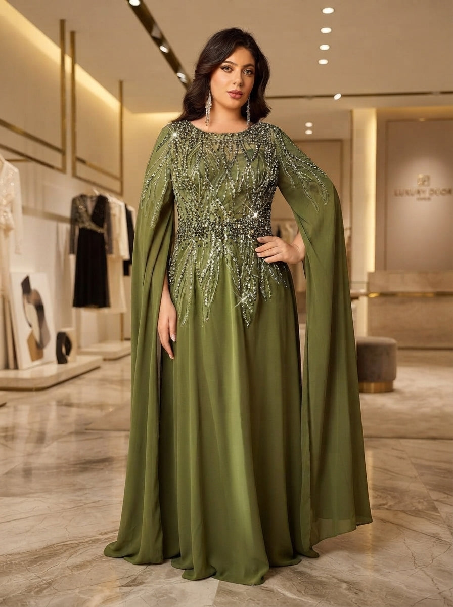 SDE3287 Plus Size Olive Green Beaded Embroidery Chiffon Dinner Gown