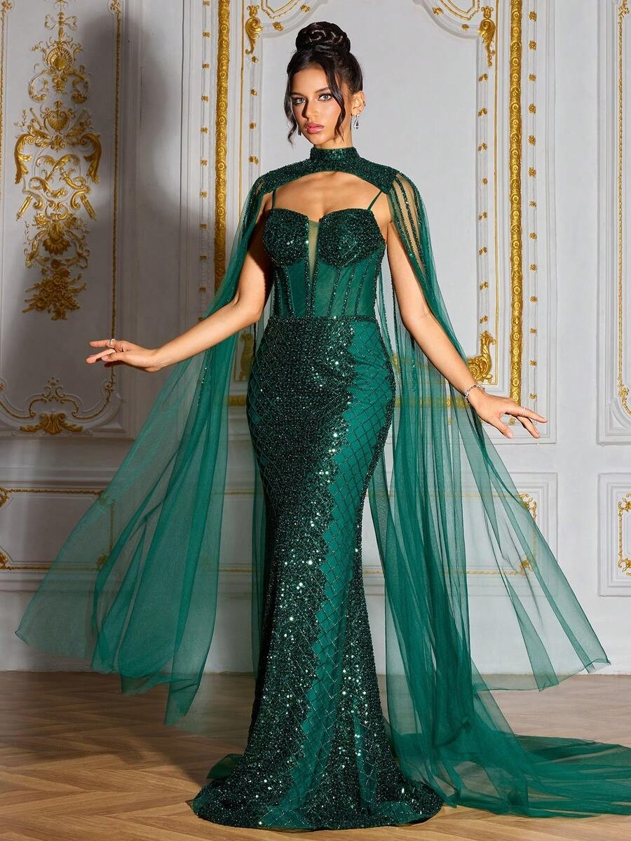 SD3204 Deep Green Sequin Beaded Deluxe Gown
