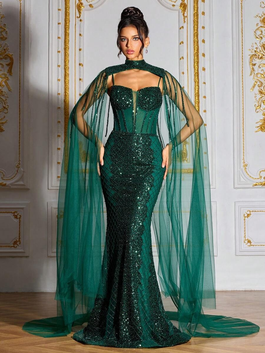 SD3204 Deep Green Sequin Beaded Deluxe Gown