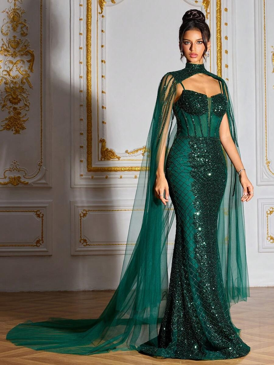 SD3204 Deep Green Sequin Beaded Deluxe Gown