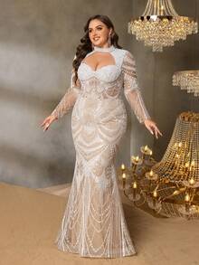 SD3250 High-Neck Floral Beaded Gown with Cutouts - Uk18 (1XL), Apricot image