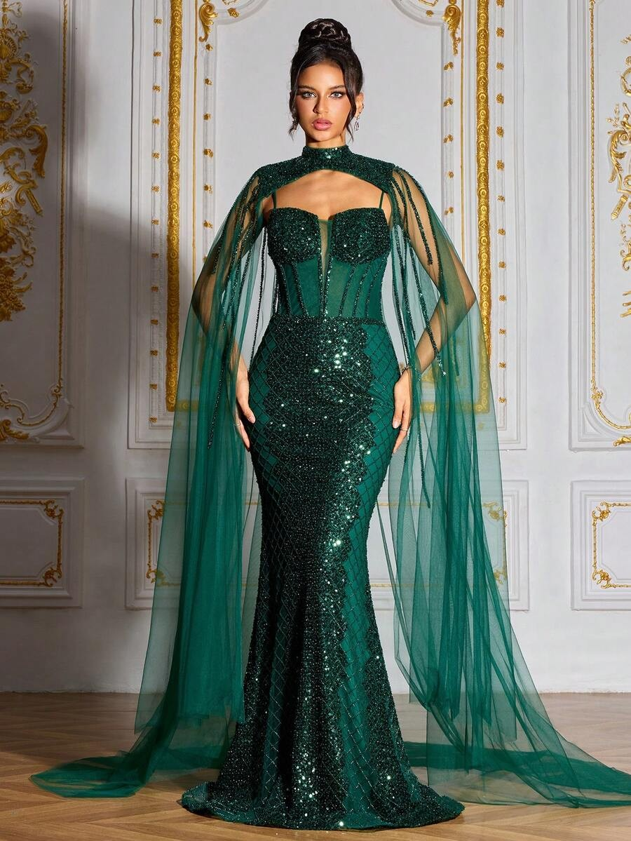 SD3204 Deep Green Sequin Beaded Deluxe Gown