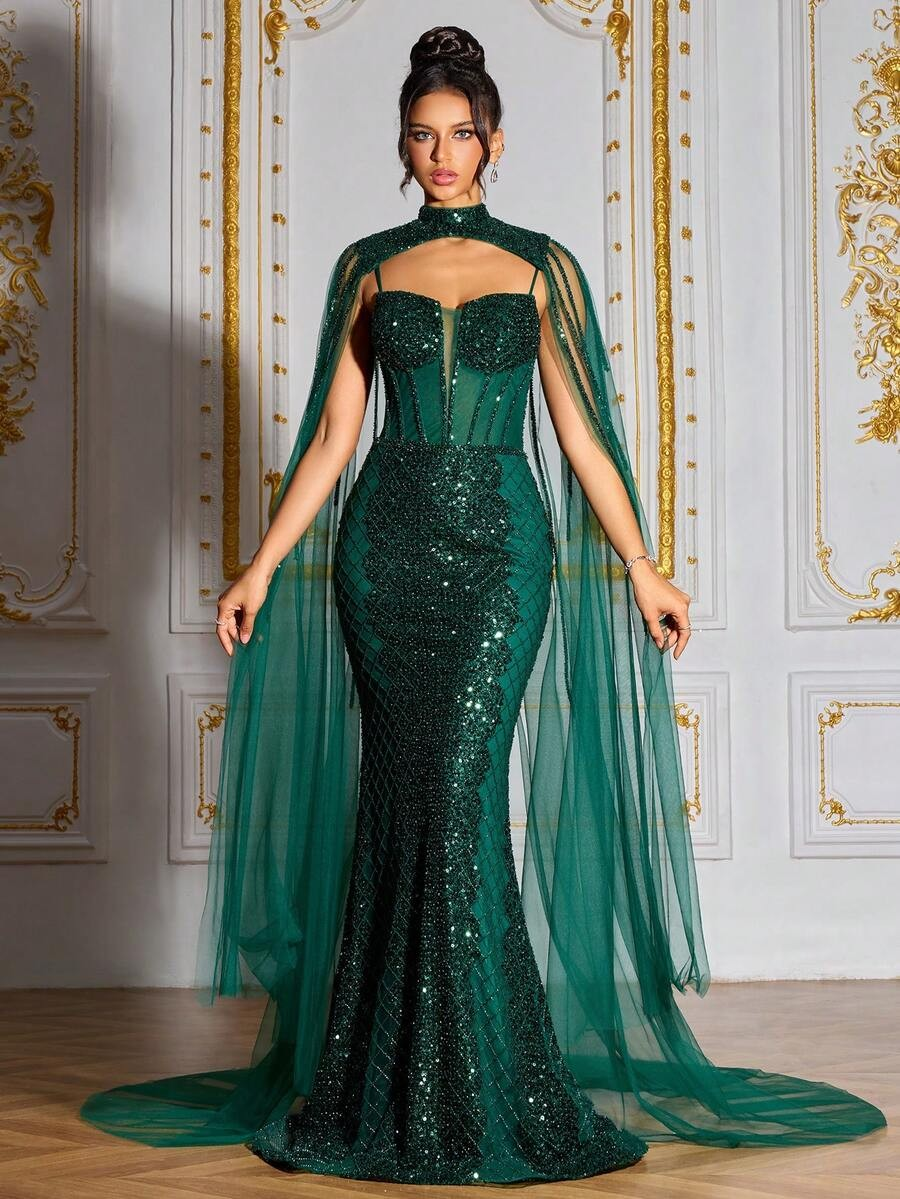 SD3204 Deep Green Sequin Beaded Deluxe Gown