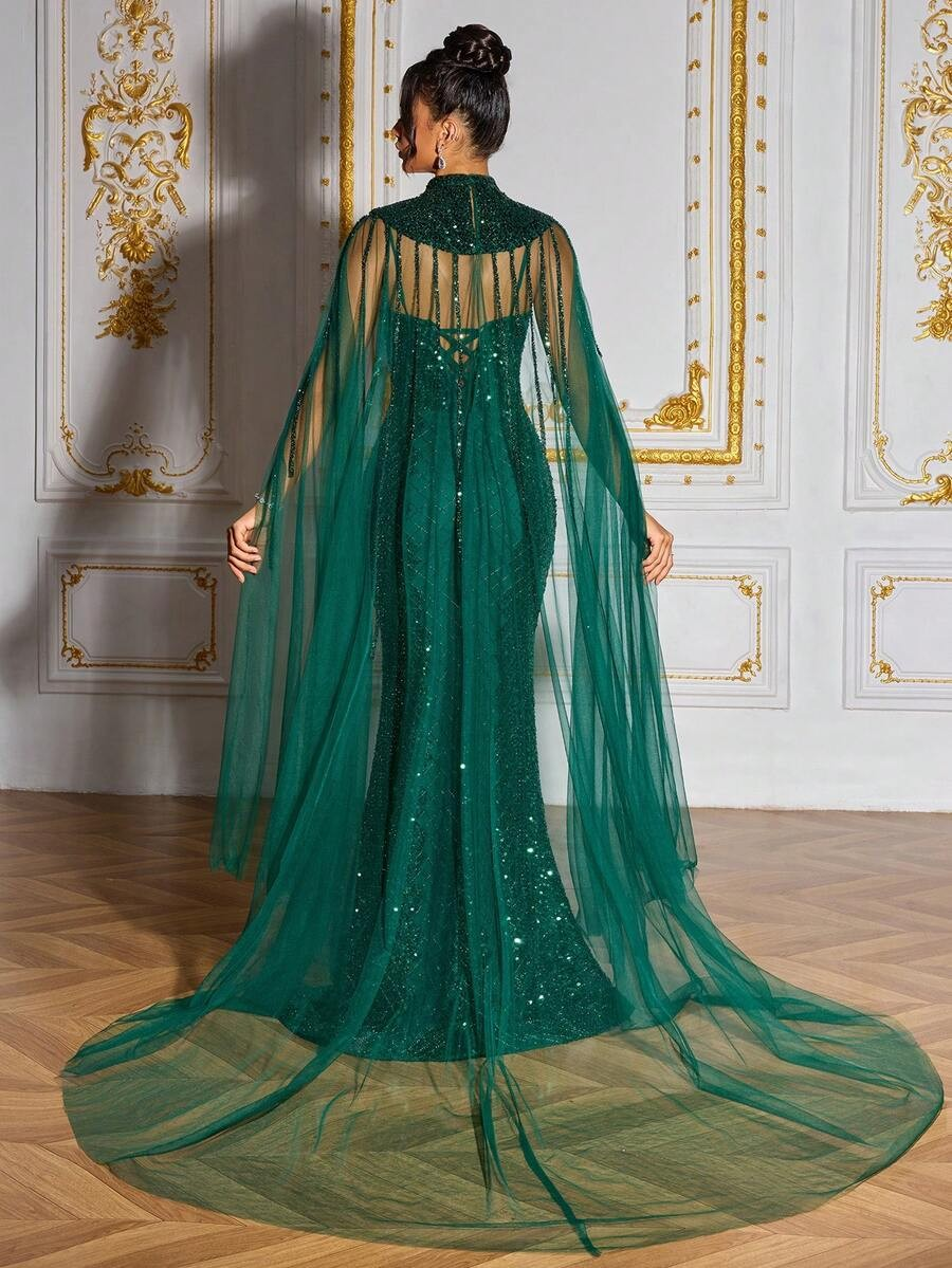 SD3204 Deep Green Sequin Beaded Deluxe Gown