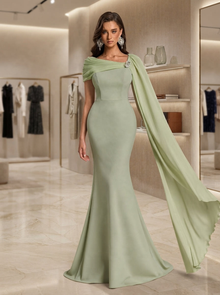 SDE3281 Asymmetrical Ribbon Collar Heavy Workmanship Evening Gown