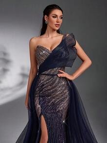 SD3270 One-Shoulder Navy Blue Sequin Beaded Trailing Gown - Navy, UK12 image