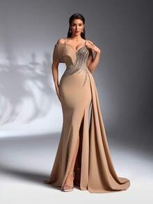 SD3265 Rhinestone Strap Pearl & Sequin High Slit Gown image 14