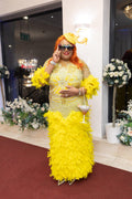 SD3166 Radiant Yellow Crystal-Embellished Feather Maxi Dress image 0