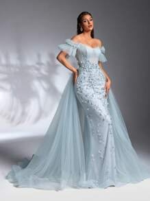SD3198 Light Blue Floral Off-Shoulder Mesh Gown image 4