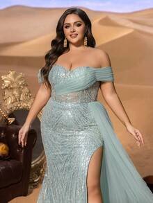 SD3241 Off-Shoulder Sequined Slit Gown image 6