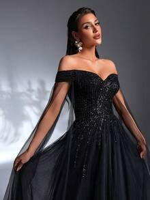 SD3183 Black Off-Shoulder Sequin Flared Gown image 1