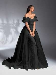 SD3198 Light Blue Floral Off-Shoulder Mesh Gown - UK10(m), Black image