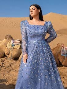 SD3254 Lace-Up Back Beaded Sequin Gown - UK22 (3XL), Dusty Blue image