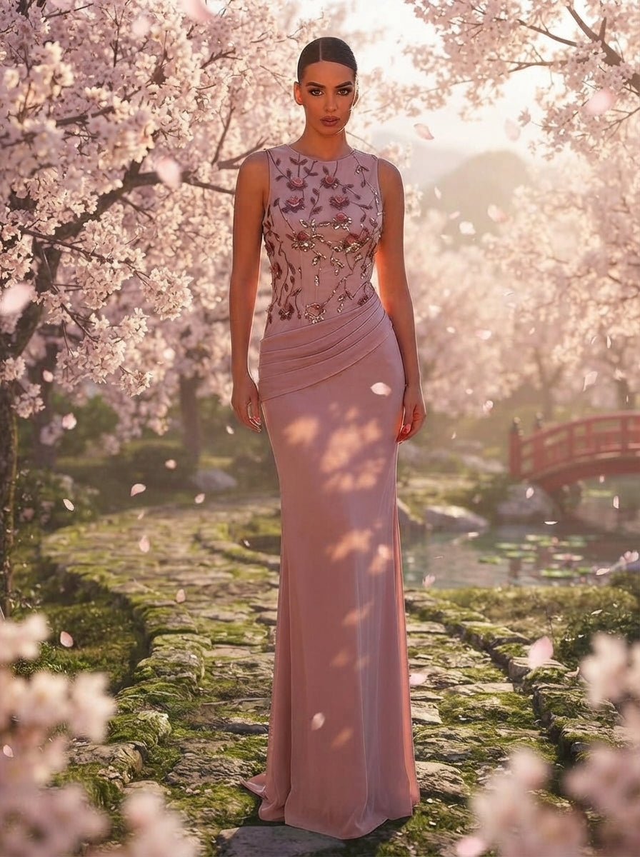 SDE3266 Dark Pink Chiffon 3D Floral Sequin Fishtail Gown