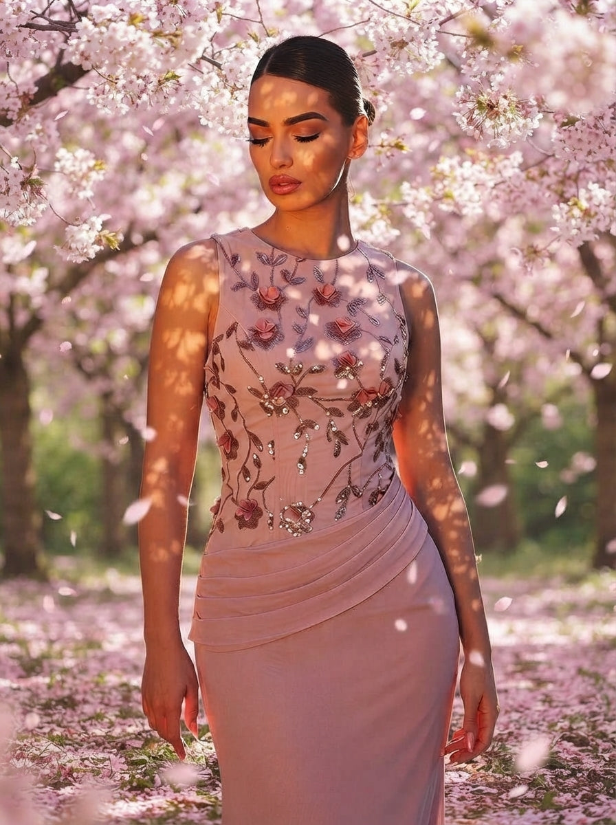 SDE3266 Dark Pink Chiffon 3D Floral Sequin Fishtail Gown