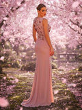 SDE3266 Dark Pink Chiffon 3D Floral Sequin Fishtail Gown