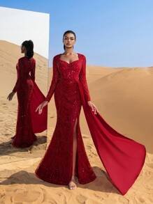 SD3227 Sweetheart Neck Draped Side Beaded Gown - UK16(XL), Red image