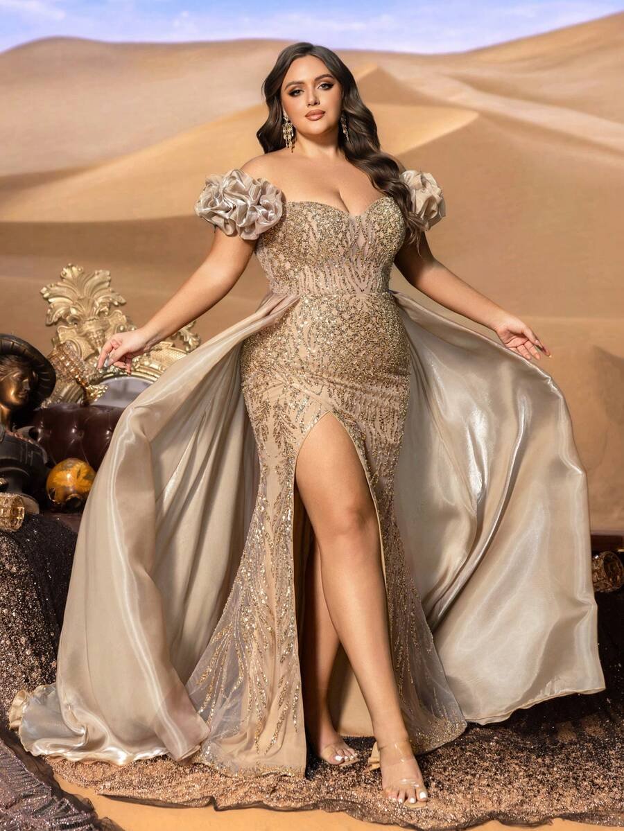 SD3240 Sweetheart Ruffled Shoulder Mermaid Gown - Uk18 (1XL), Khaki image