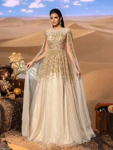SD3228 Corseted Beaded Gown with Sheer Tulle Sleeves - UK10(m), champagne image