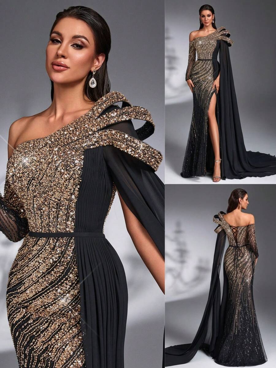 SD3182 Luxe Sequin Chiffon Flare-Sleeve Gown