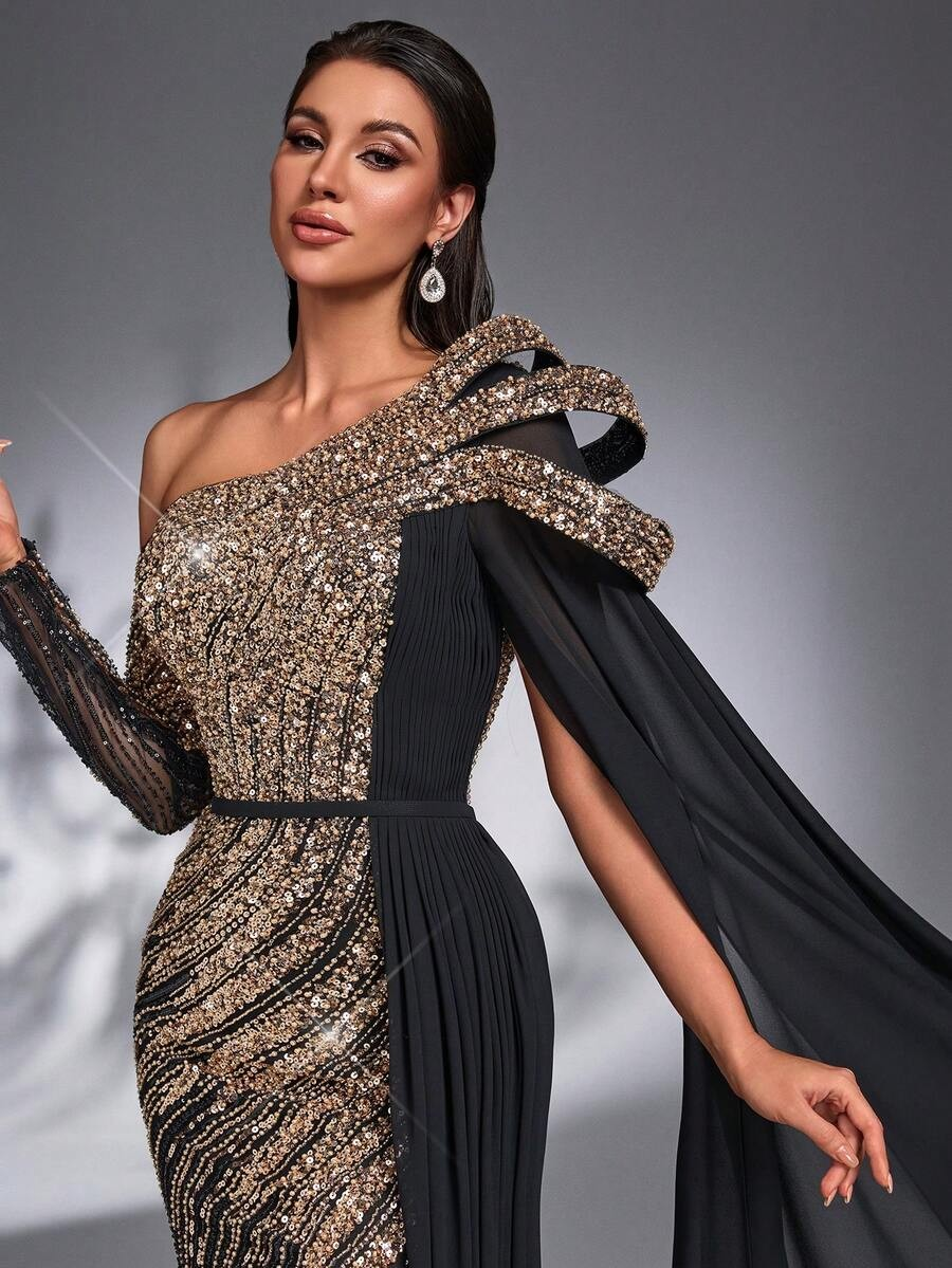 SD3182 Luxe Sequin Chiffon Flare-Sleeve Gown