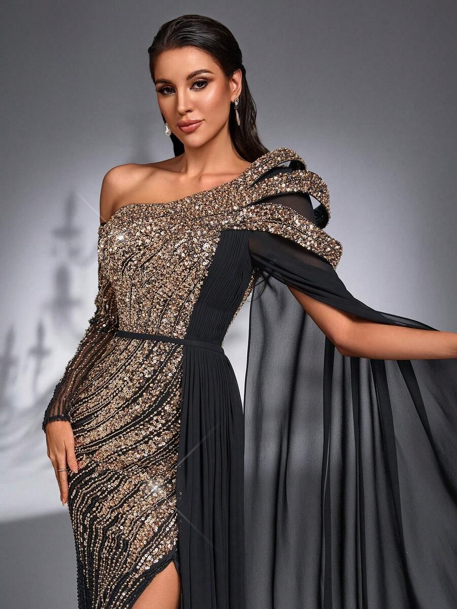 SD3182 Luxe Sequin Chiffon Flare-Sleeve Gown