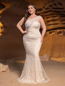 SD3244 One-Shoulder Beaded Sequin Mermaid Gown image 5