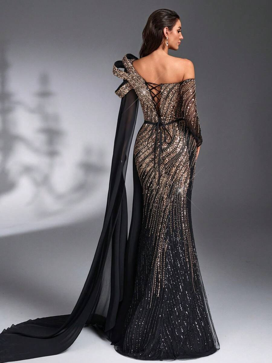 SD3182 Luxe Sequin Chiffon Flare-Sleeve Gown