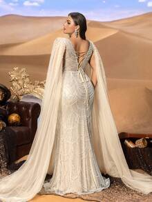SD3257 Round Neck Beaded Gown with Ultra-Long Cape Sleeves image 7