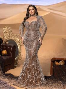 SD3245 One-Shoulder Fish-Scale Sequin Gown - UK20 (2XL), Coffee Brown image