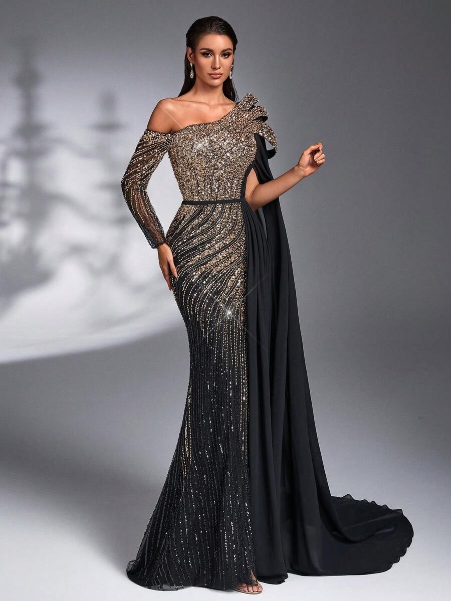 SD3182 Luxe Sequin Chiffon Flare-Sleeve Gown