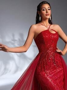 SD3273 Asymmetrical Beaded Embroidery Trailing Gown - Red, Uk6 image