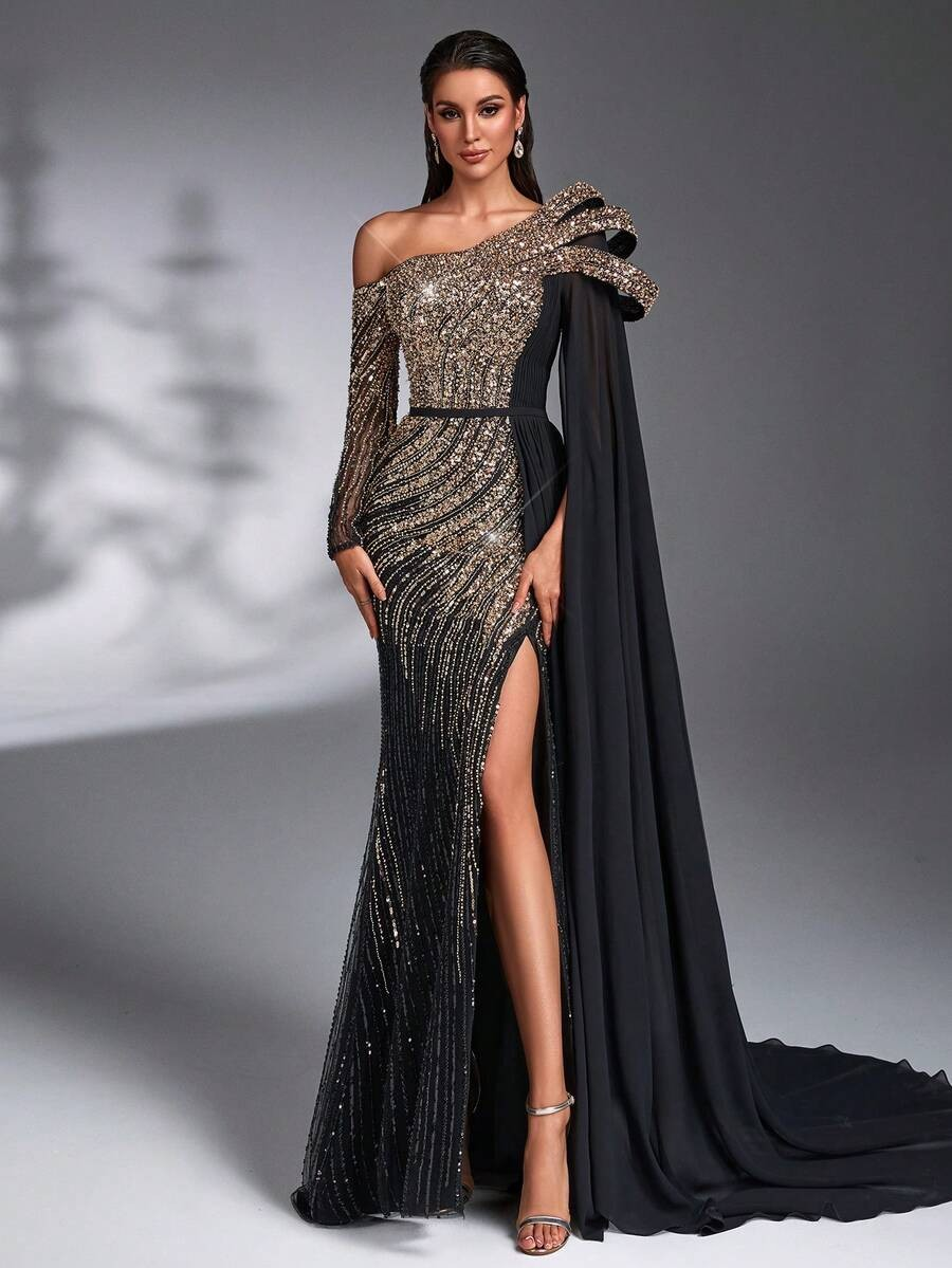 SD3182 Luxe Sequin Chiffon Flare-Sleeve Gown