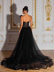 SD3274 3D Shaped Beaded Black High-Slit Gown image 5