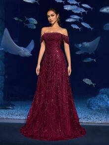SD3216 Off-Shoulder Shimmering Fish Tail Gown - UK16(XL), Burgundy image