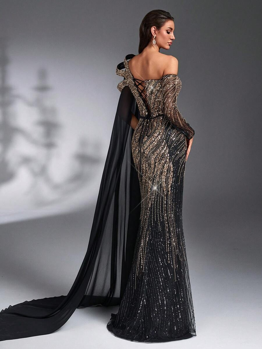 SD3182 Luxe Sequin Chiffon Flare-Sleeve Gown