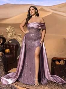 SD3256 Off-Shoulder Sequin Gown with Satin Trail image 6