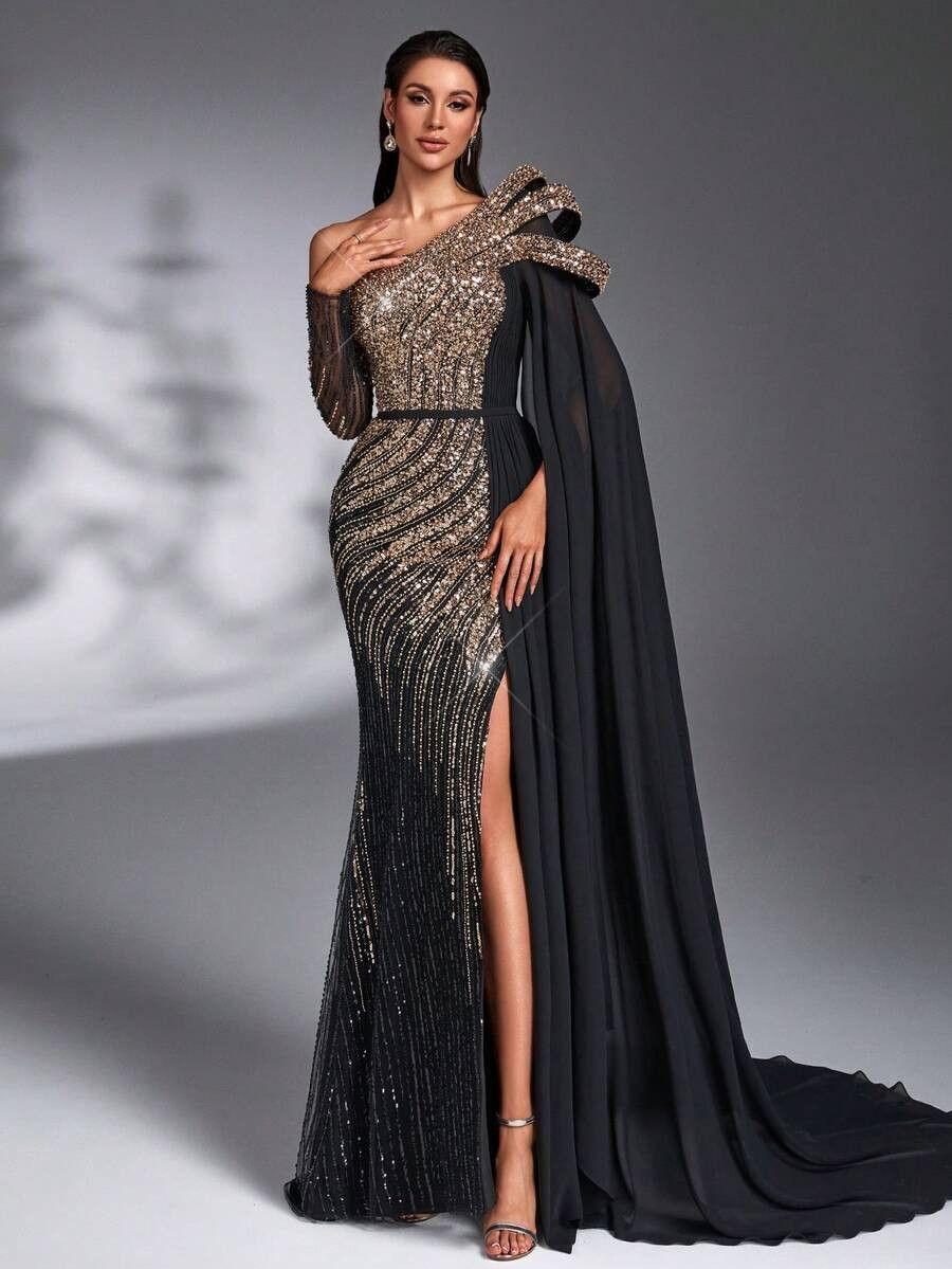 SD3182 Luxe Sequin Chiffon Flare-Sleeve Gown