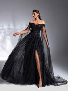 SD3183 Black Off-Shoulder Sequin Flared Gown image 4