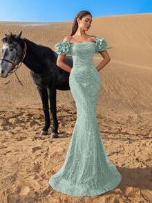 SD3221 Off-Shoulder Puff Sleeve Mermaid Gown - UK10(m), Green image