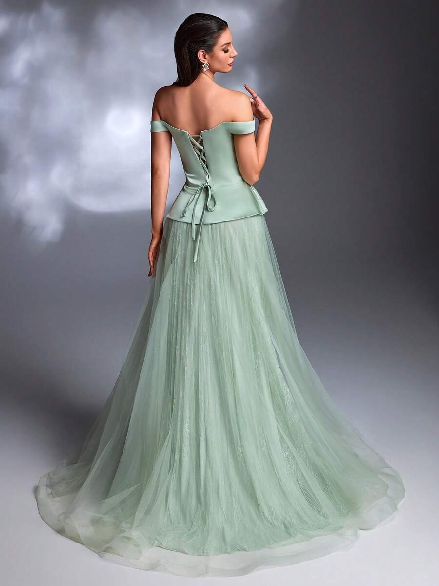 SD3263 One-Shoulder Satin & Mesh A-Line Gown image 3