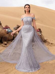 SD3215 Off-Shoulder Tulle Overlay Mermaid Gown - UK18(XXL), Gray image