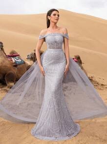 SD3215 Off-Shoulder Tulle Overlay Mermaid Gown image 1