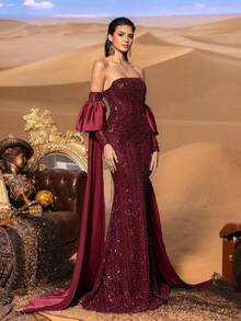 SD3222 Off-Shoulder Mermaid Gown with Flowing Sleeves image 1
