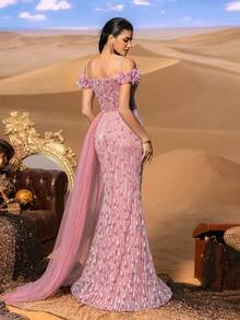 SD3220 Off-Shoulder Pearl & Beaded Slit Gown - UK8(s), Dusty Pink image