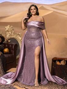 SD3256 Off-Shoulder Sequin Gown with Satin Trail image 5