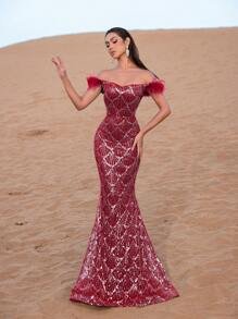 SD3219 Feather Accent Crystal Mermaid Gown - UK10(m), Burgundy image