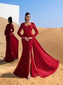 SD3227 Sweetheart Neck Draped Side Beaded Gown image 3