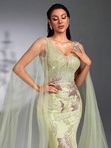 SD3267 Cape Sleeve Sequin Beaded Embroidered Gown - Thistle, UK14 image